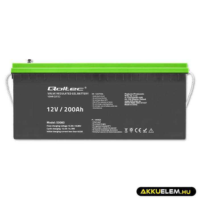 Qoltec GEL Akkumulátor 12V 200Ah lakókocsihoz, hajóhoz, biztonsági rendszerekhez