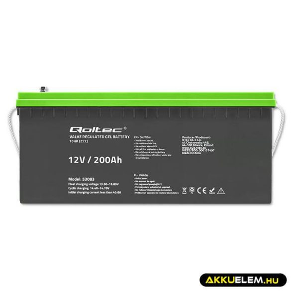 Qoltec GEL Akkumulátor 12V 200Ah lakókocsihoz, hajóhoz, biztonsági rendszerekhez