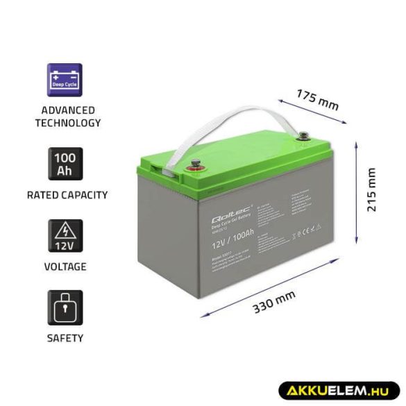 Qoltec Mélykisütésű GEL Akkumulátor 12V 100Ah lakókocsihoz, hajóhoz, napelemes rendszerhez