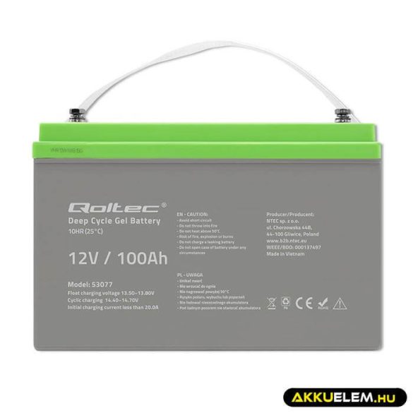 Qoltec Mélykisütésű GEL Akkumulátor 12V 100Ah lakókocsihoz, hajóhoz, napelemes rendszerhez