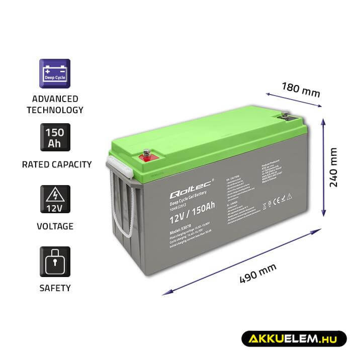 Qoltec Mélykisütésű GEL Akkumulátor 12V 150Ah lakókocsihoz, hajóhoz, napelemes rendszerhez