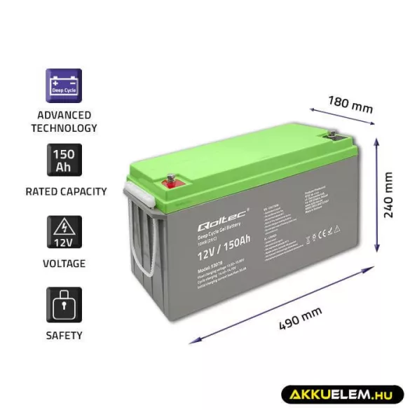 Qoltec Mélykisütésű GEL Akkumulátor 12V 150Ah lakókocsihoz, hajóhoz, napelemes rendszerhez