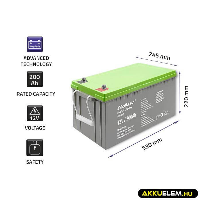 Qoltec Mélykisütésű GEL Akkumulátor 12V 200Ah lakókocsihoz, hajóhoz, napelemes rendszerhez