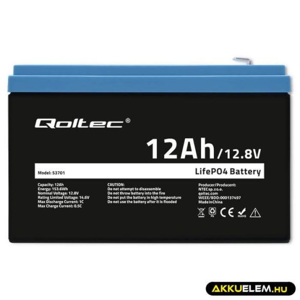 Qoltec LiFePO4 Akkumulátor 12.8V 12Ah 153.6Wh BMS
