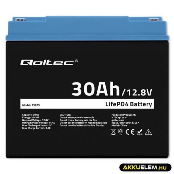 Qoltec LiFePO4 Akkumulátor 12.8V 30Ah 384Wh BMS
