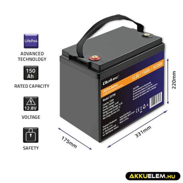 Qoltec LiFePO4 Akkumulátor 12.8V 150Ah 1920Wh BMS