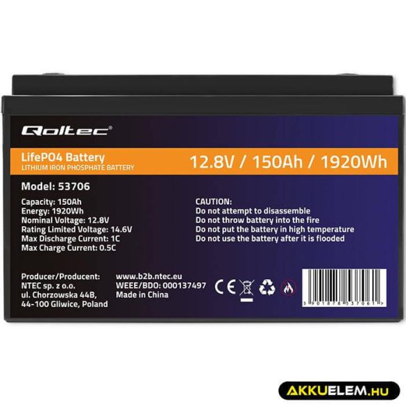 Qoltec LiFePO4 Akkumulátor 12.8V 150Ah 1920Wh BMS