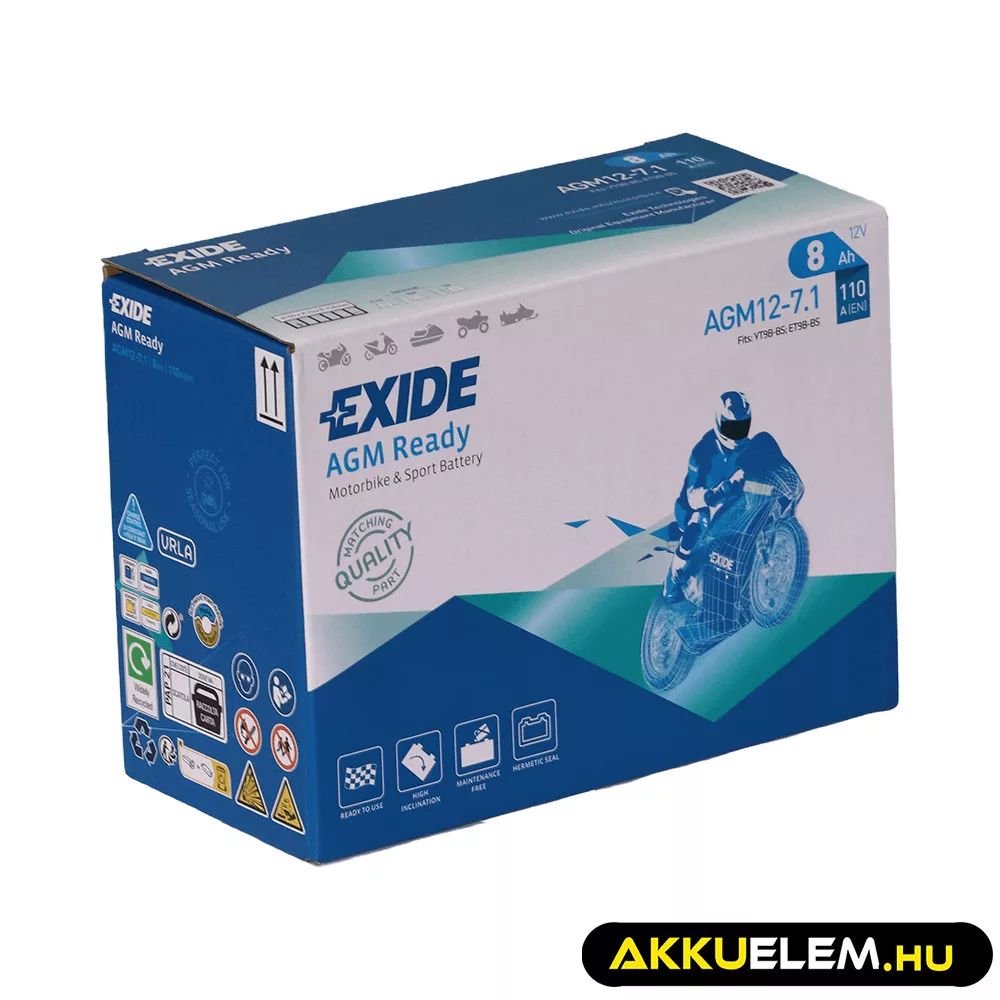 Exide motorkerékpár akkumulátor 12V 8Ah AGM 12-7.1 110A (YT9B) Bal+ GyZ