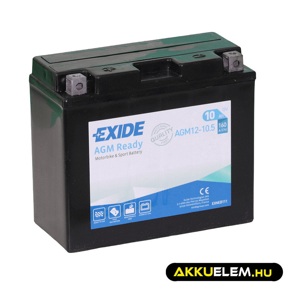 Exide motorkerékpár akkumulátor 12V 10Ah AGM12-10.5 160A (YT12B) Bal+ GyZ