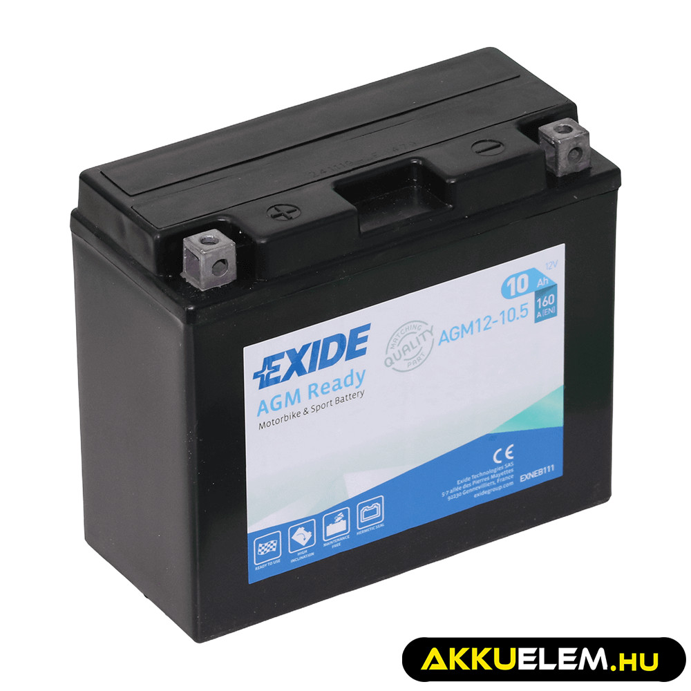 Exide motorkerékpár akkumulátor 12V 10Ah AGM12-10.5 160A (YT12B) Bal+ GyZ