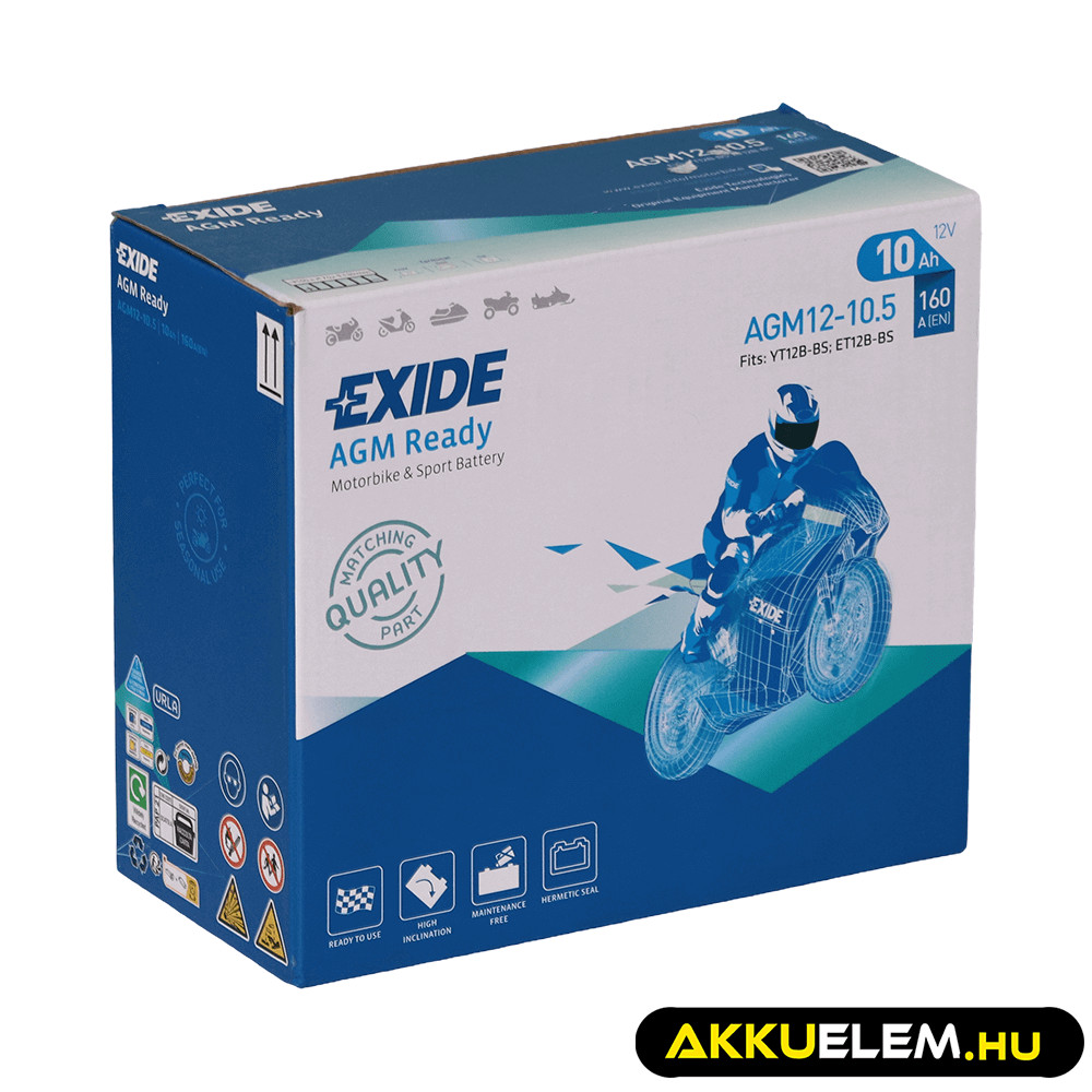 Exide motorkerékpár akkumulátor 12V 10Ah AGM12-10.5 160A (YT12B) Bal+ GyZ