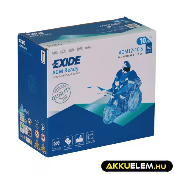 Exide motorkerékpár akkumulátor 12V 10Ah AGM12-10.5 160A (YT12B) Bal+ GyZ