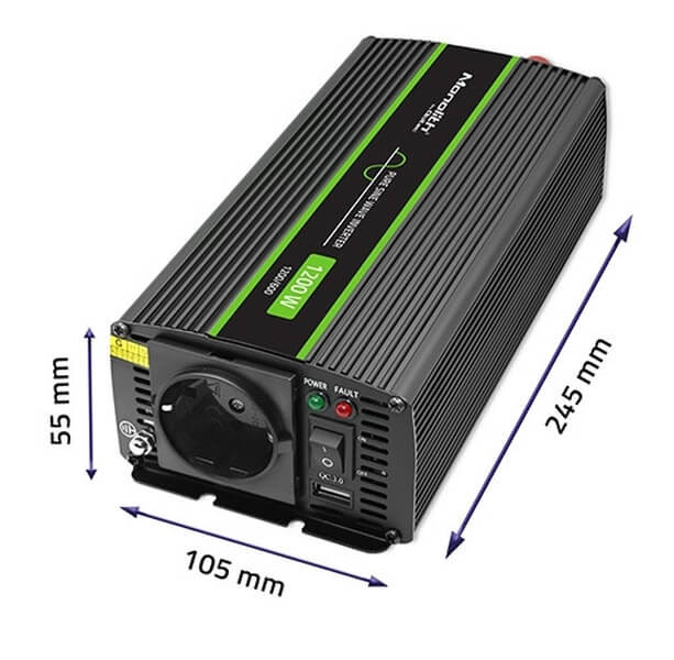 Inverter Qoltec 12V 600W/1200W SINUS -1 x usb - szemes sarus kábellel