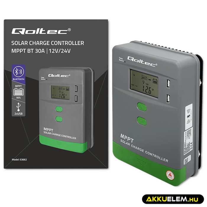 Qoltec Napelem Töltésvezérlo 12V/24V 30A MPPT  SOLAR 2xUSB