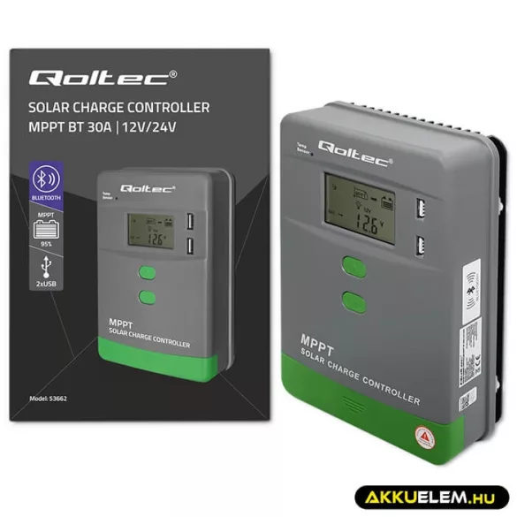 Qoltec Napelem Töltésvezérlő 12V/24V 30A MPPT SOLAR 2xUSB Bluetooth