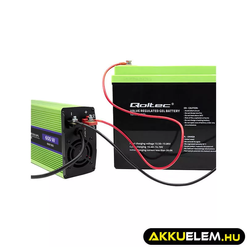 Qoltec színusz Inverter + Akkumulátor töltő, UPS 300W/600W 12V -> 230V