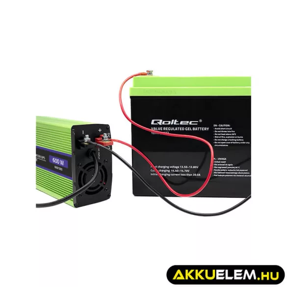 Qoltec színusz Inverter + Akkumulátor töltő, UPS 300W/600W 12V -> 230V