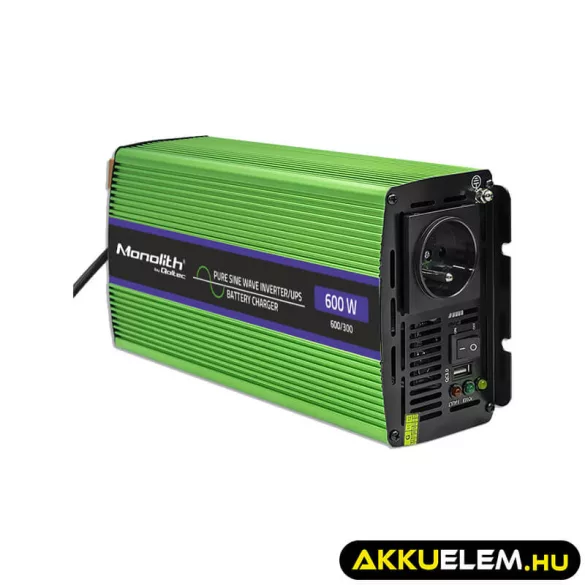 Qoltec színusz Inverter + Akkumulátor töltő, UPS 300W/600W 12V -> 230V
