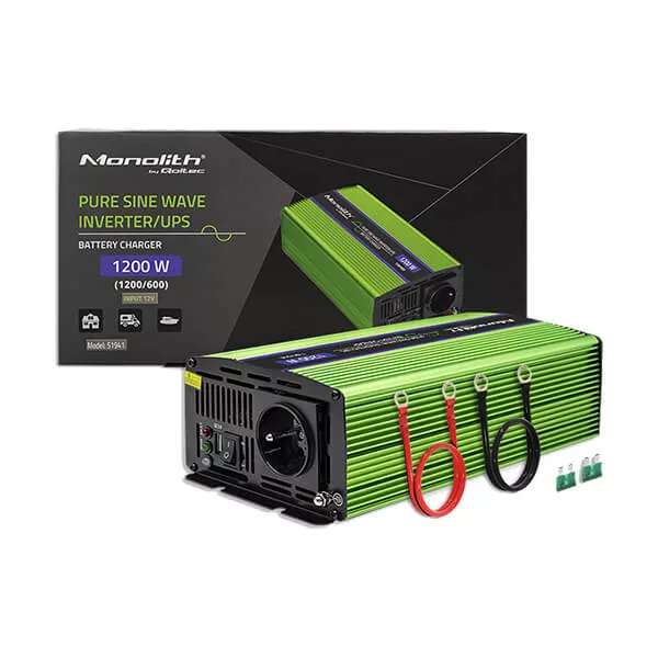 Qoltec színusz Inverter + Akkumulátor töltő, UPS 600W/1200W 12V -> 230V