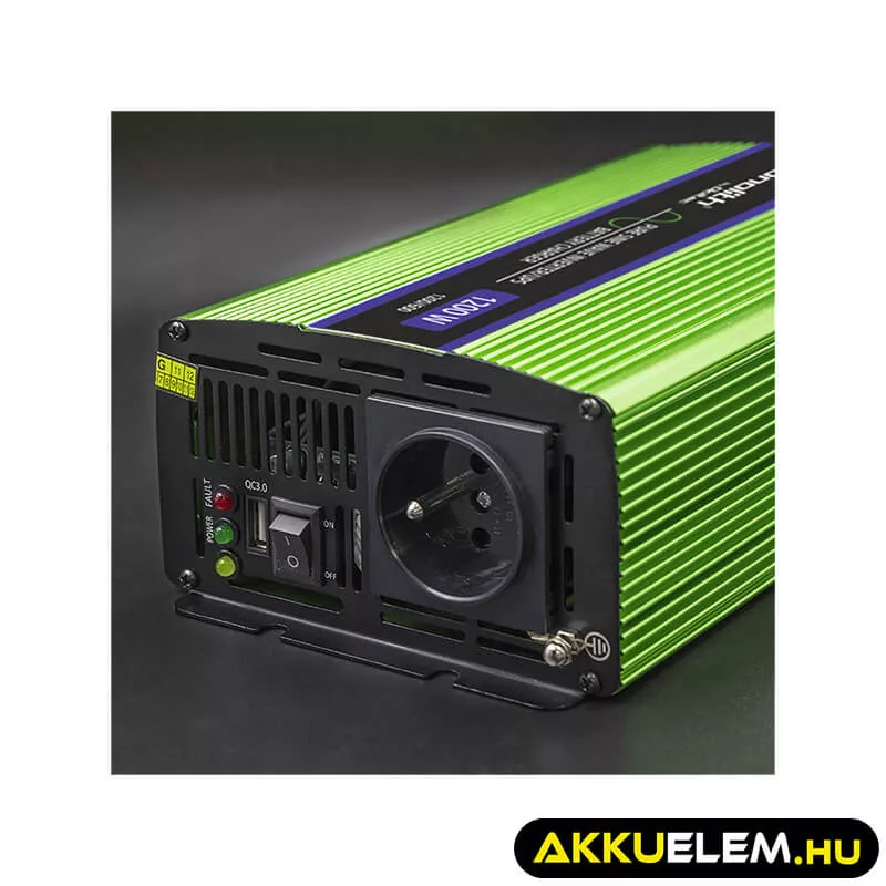 Qoltec színusz Inverter + Akkumulátor töltő, UPS 600W/1200W 12V -> 230V
