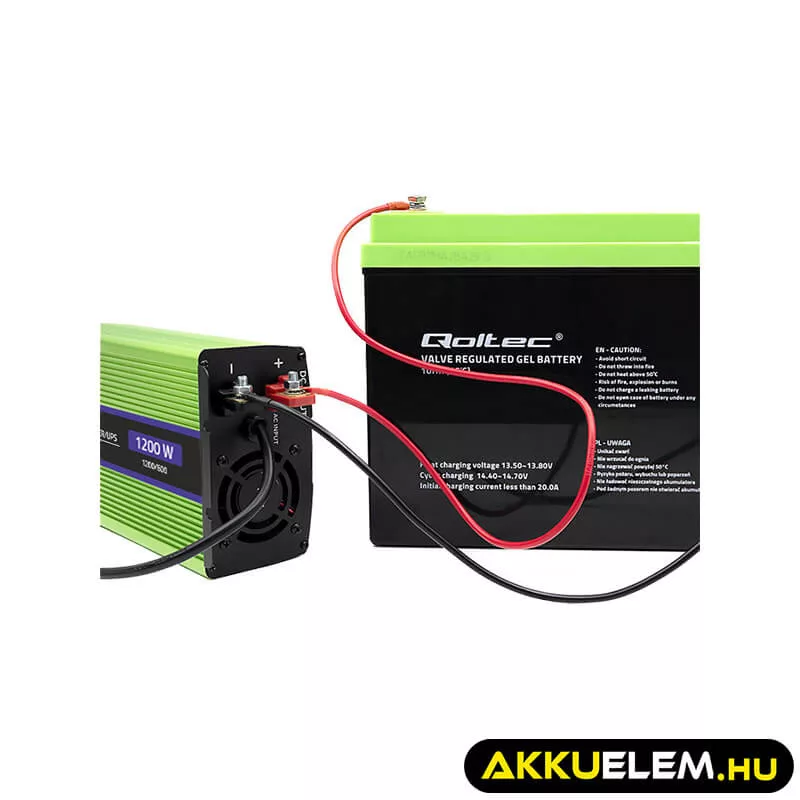 Qoltec színusz Inverter + Akkumulátor töltő, UPS 600W/1200W 12V -> 230V