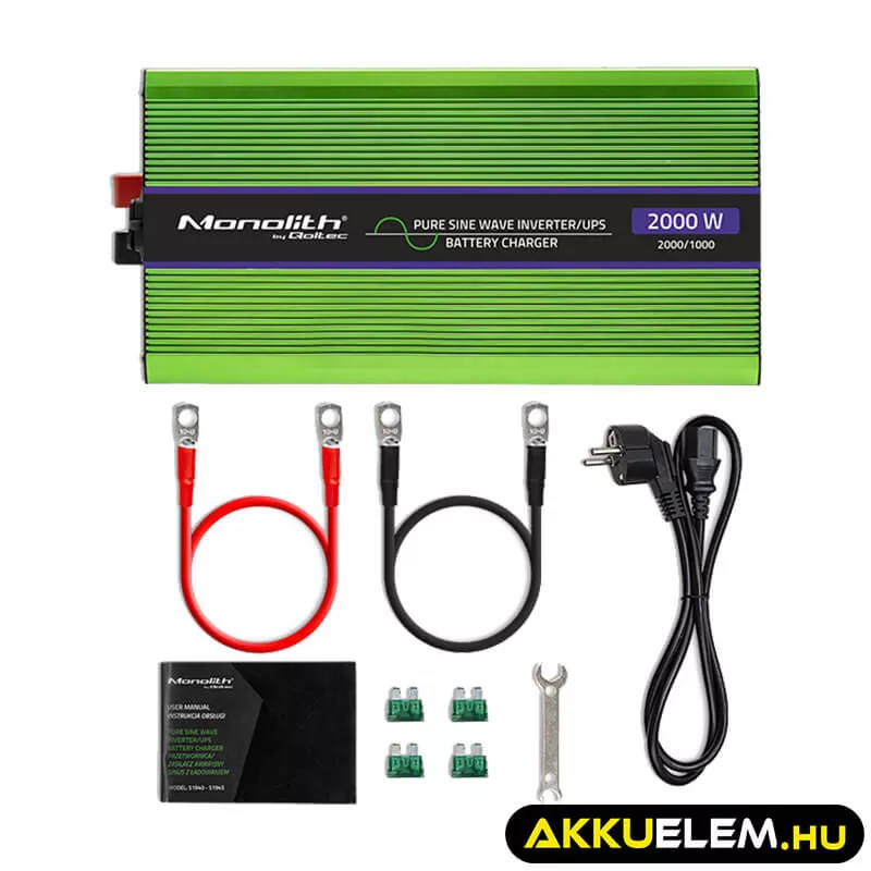 Qoltec színusz Inverter + Akkumulátor töltő, UPS 1000W/2000W 12V -> 230V LCD