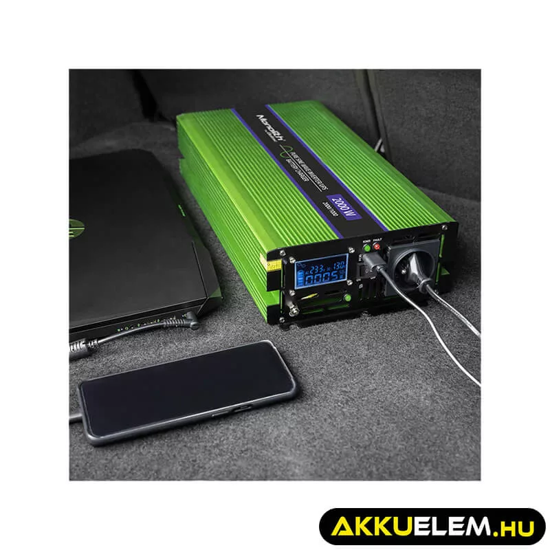 Qoltec színusz Inverter + Akkumulátor töltő, UPS 1000W/2000W 12V -> 230V LCD