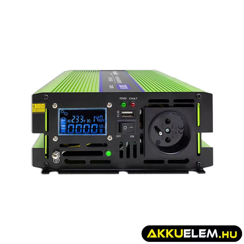 Qoltec színusz Inverter + Akkumulátor töltő, UPS 1000W/2000W 12V -> 230V LCD