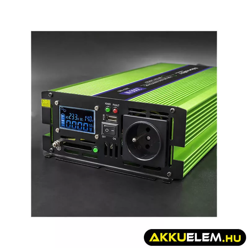 Qoltec színusz Inverter + Akkumulátor töltő, UPS 1000W/2000W 12V -> 230V LCD