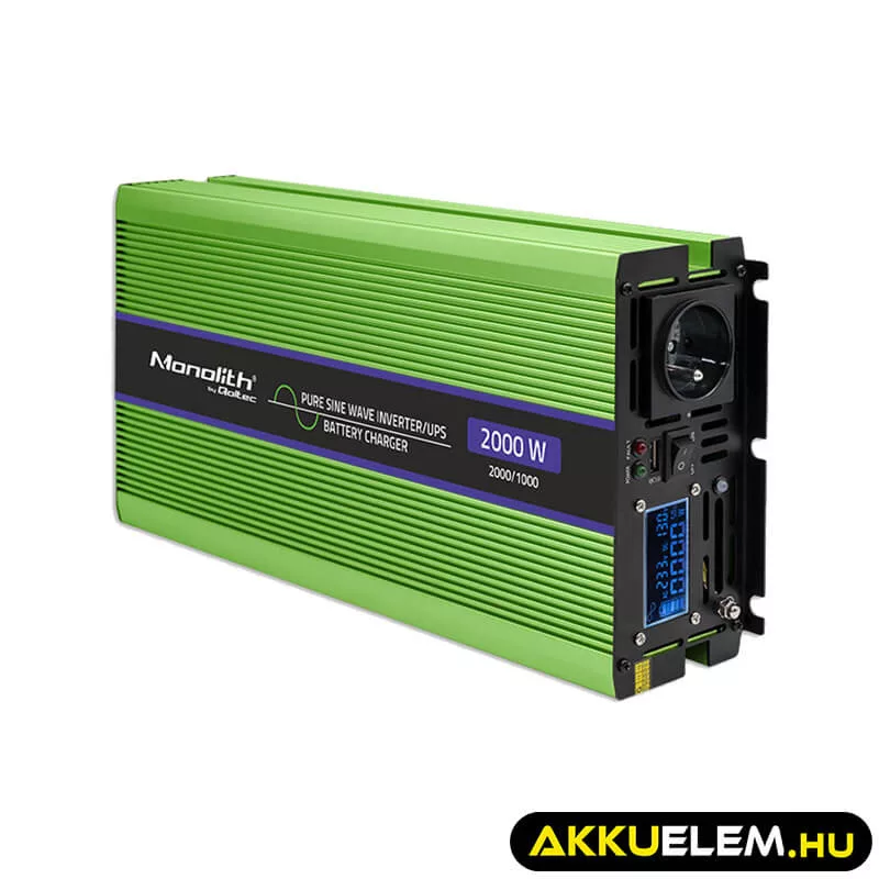 Qoltec színusz Inverter + Akkumulátor töltő, UPS 1000W/2000W 12V -> 230V LCD