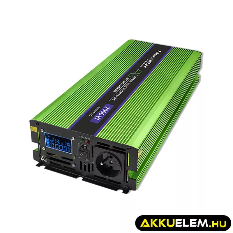 Qoltec színusz Inverter + Akkumulátor töltő, UPS 1000W/2000W 12V -> 230V LCD