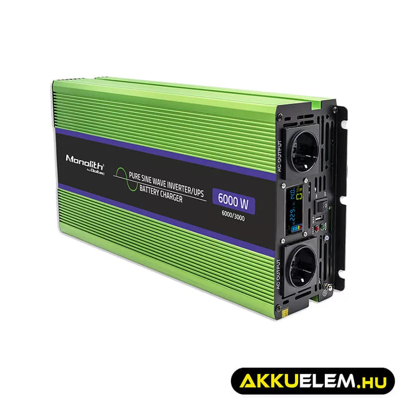 Qoltec színusz Inverter + Akkumulátor töltő, UPS 3000W/6000W 12V -> 230V LCD