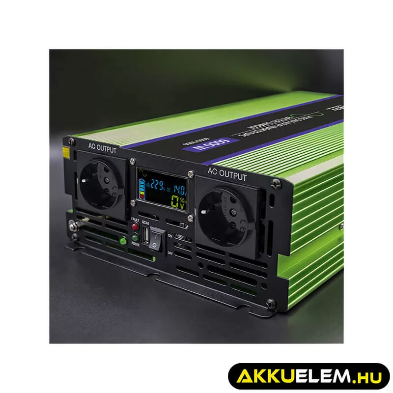 Qoltec színusz Inverter + Akkumulátor töltő, UPS 3000W/6000W 12V -> 230V LCD
