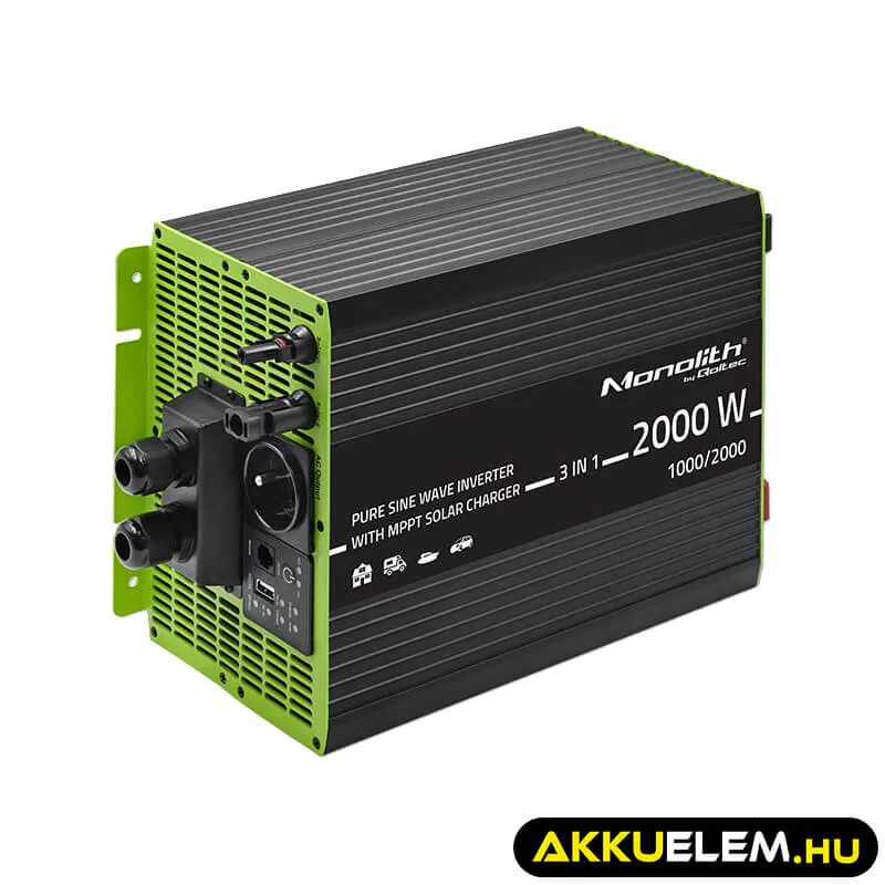 Qoltec 3-in-1 Napelemes szinusz inverter AC 10A, MPPT 40A  1000W/2000W