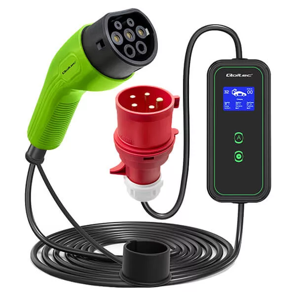   Qoltec EV töltő Elektromos autó töltő 2-in-1 Type2 7kW 230V CEE 3 PIN LCD Hordozható 5m