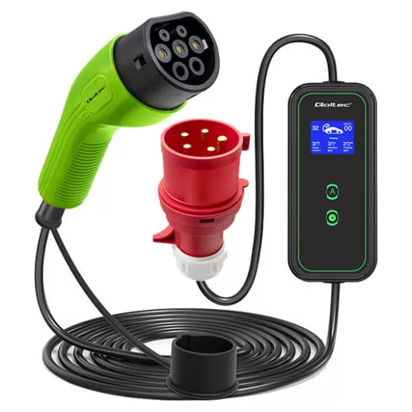 Qoltec EV töltő Elektromos autó töltő 2-in-1 Type2 7kW 230V CEE 3 PIN LCD Hordozható 5m