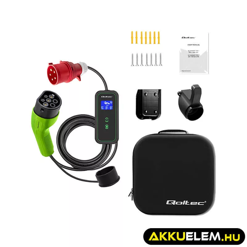 Qoltec Elektromos autó töltő Állítható töltőárammal 2in1 Type2 11kW CEE 5 PIN LCD 3 fázis Hordozható 5m