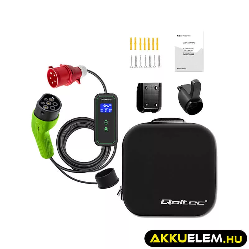 Qoltec Elektromos autó töltő Állítható töltőárammal 2in1 Type2 11kW CEE 5 PIN Wi-fi LCD 3 fázis Hordozható 5m