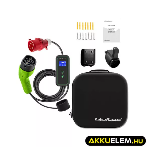 Qoltec Elektromos autó töltő Állítható töltőárammal 2in1 Type2 11kW CEE 5 PIN Wi-fi LCD 3 fázis Hordozható 5m