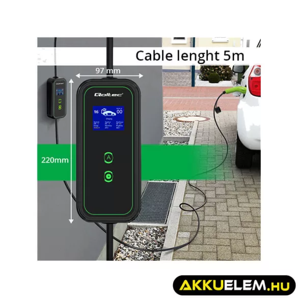 Qoltec Elektromos autó töltő Állítható töltőárammal 2in1 Type2 11kW CEE 5 PIN Wi-fi LCD 3 fázis Hordozható 5m