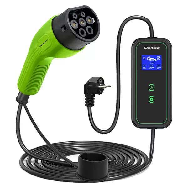   Qoltec Elektromos autó töltő Állítható töltőárammal 2in1 Type2 3.5kW 230V Wi-fi LCD Hordozható 5m