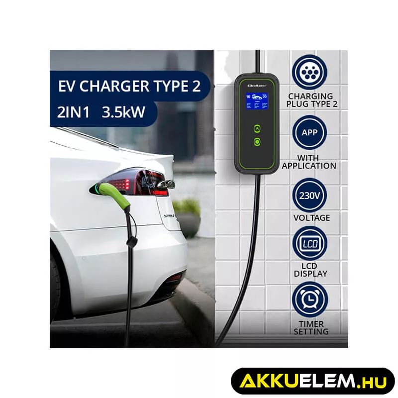 Qoltec Elektromos autó töltő Állítható töltőárammal 2in1 Type2 3.5kW 230V Wi-fi LCD Hordozható 5m