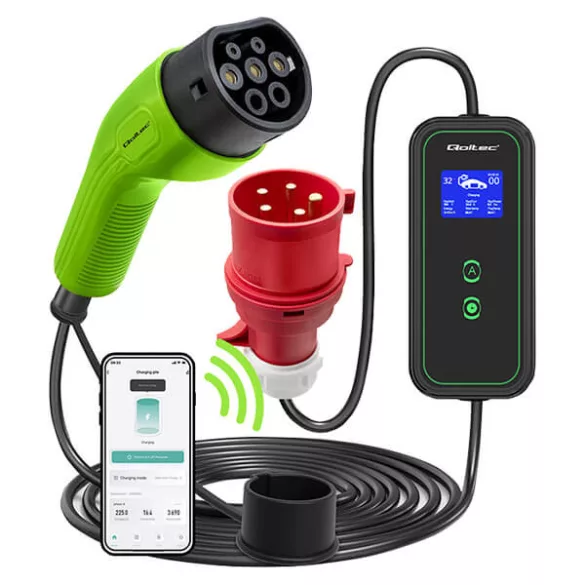 Qoltec Elektromos autó töltő Állítható töltőárammal 2in1 Type2 7kW 230V CEE 3 PIN Wi-fi LCD Hordozható 5m