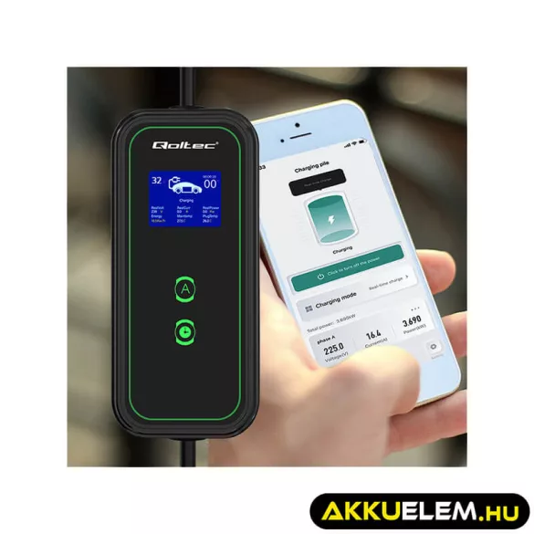 Qoltec Elektromos autó töltő Állítható töltőárammal 2in1 Type2 7kW 230V CEE 3 PIN Wi-fi LCD Hordozható 5m