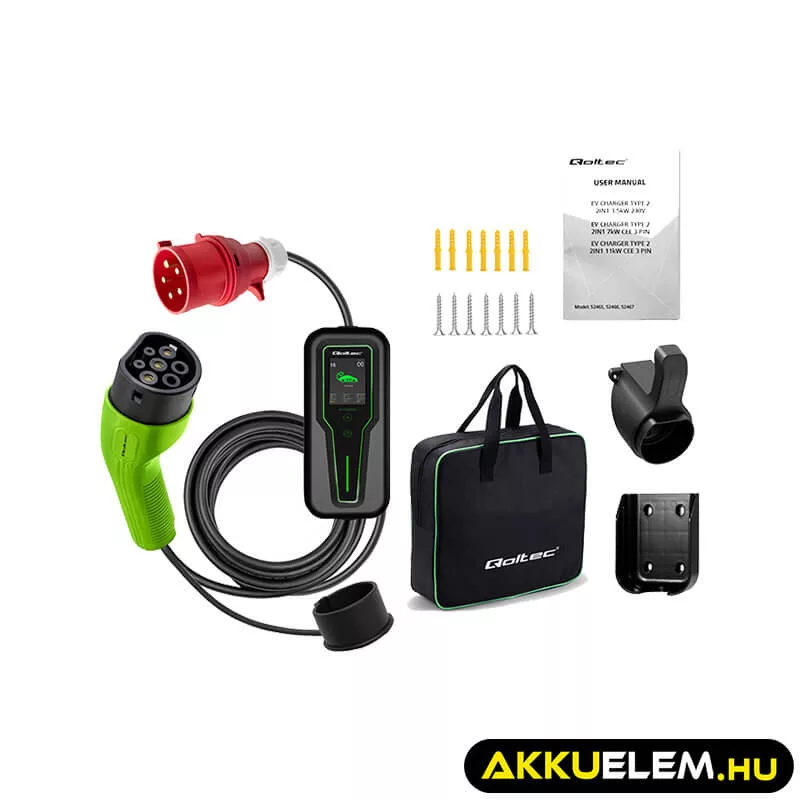 Qoltec EV töltő Elektromos autó töltő Szabályozható töltőáram 2-in-1 type2 7kW 230V CEE 3 PIN LCD Hordozható 5m