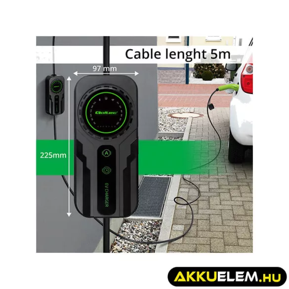 Qoltec EV töltő Elektromos autó töltő 2-in-1 Type2 Szabályozható töltőáram SCHUKO 3.5kW 230V LCD Hordozható 5m