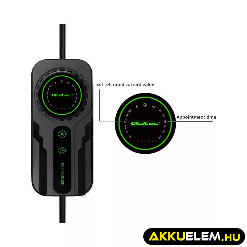 Qoltec EV töltő Elektromos autó töltő 2-in-1 Type2 Szabályozható töltőáram SCHUKO 3.5kW 230V LCD Hordozható 5m