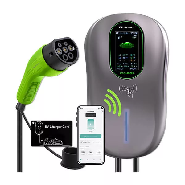   Qoltec Elektromos autó töltőállomás 2-in-1 Type2 22kW Wi-fi LCD RFID 3 fázis Falra szerelhető 5m