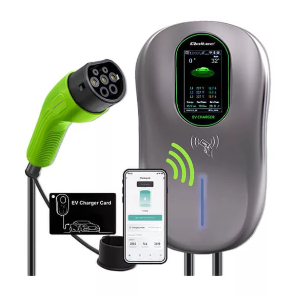 Qoltec Elektromos autó töltőállomás 2-in-1 Type2 22kW Wi-fi LCD RFID 3 fázis Falra szerelhető 5m