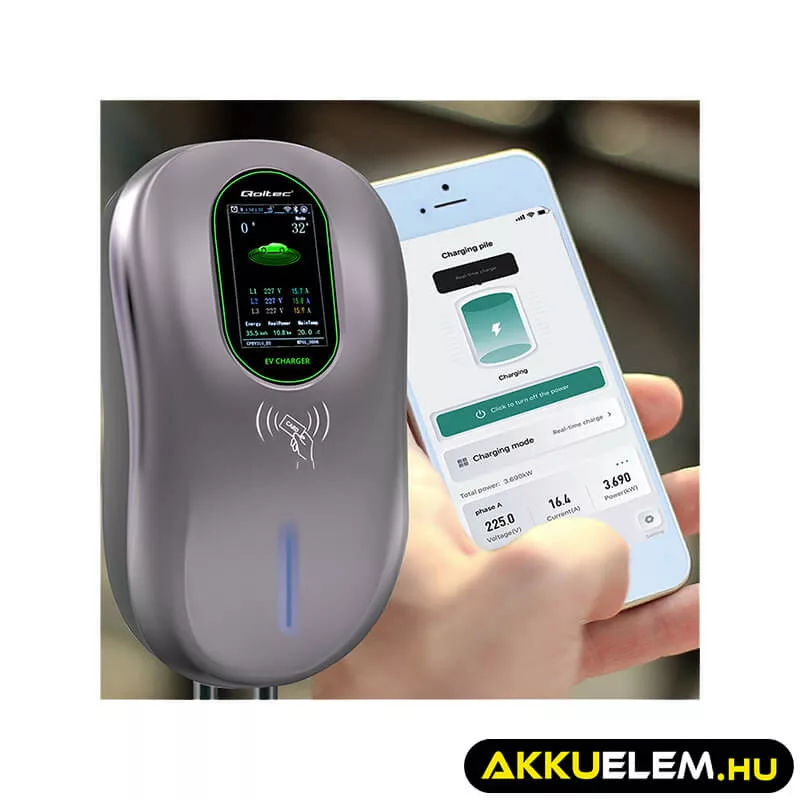 Qoltec Elektromos autó töltőállomás 2-in-1 Type2 22kW Wi-fi LCD RFID 3 fázis Falra szerelhető 5m